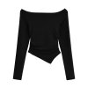 One collar pleated irregular hem long sleeved pullover T-shirt