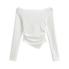One collar pleated irregular hem long sleeved pullover T-shirt