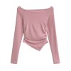 One collar pleated irregular hem long sleeved pullover T-shirt