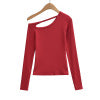 Slanted collar off shoulder long sleeved T-shirt top